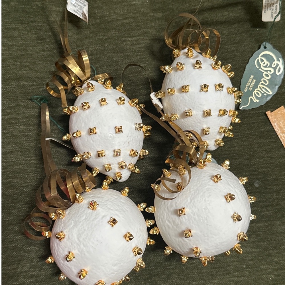 Vtg Dept 56 Espalier Bisque Orange-lemon Ornament pomander Gold Stud Clove 4 pc